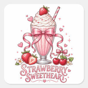 Sticker Carré Milkshake de Fraise Sucré Dessert Rose Mignon