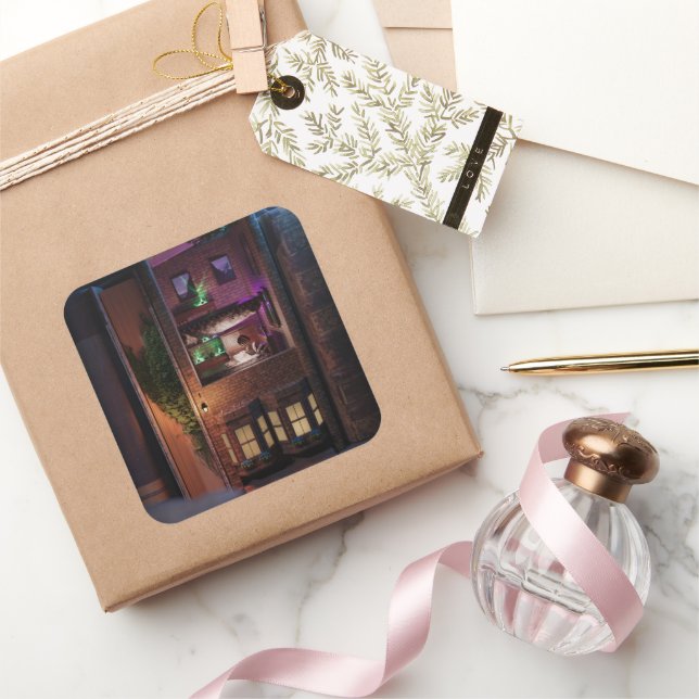 Sticker Carré Miniature book nook diorama - reading upstairs (Cadeaux)