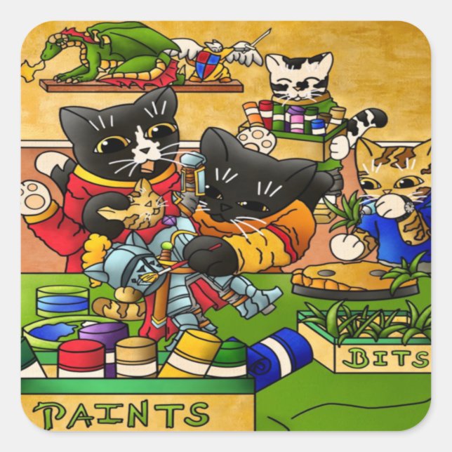 Sticker Carré Miniature Chevalier Modèle de chats Peinture Chats (Devant)