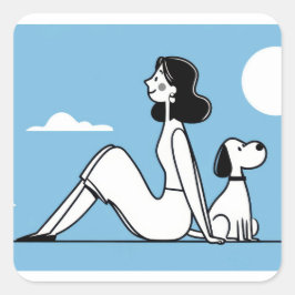 Sticker Carré Minimalist Woman and Dog Illustration