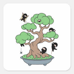 Sticker Carré Minuscules Ninjas dans l'arbre de Bonsai