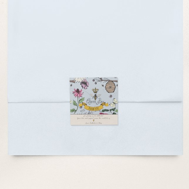 Sticker Carré Mist argenté et Black Queen Bee et Merci de la Cou (Elegant Queen Bee Thank You Sticker. Hand Drawn Floral Queen Bee Pattern: Beehive, Bees & Flowers)