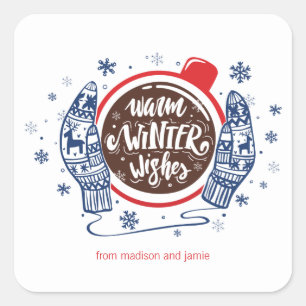 Sticker Carré Mittens Et cacao Chaleureux Hiver Souhaite Vacance