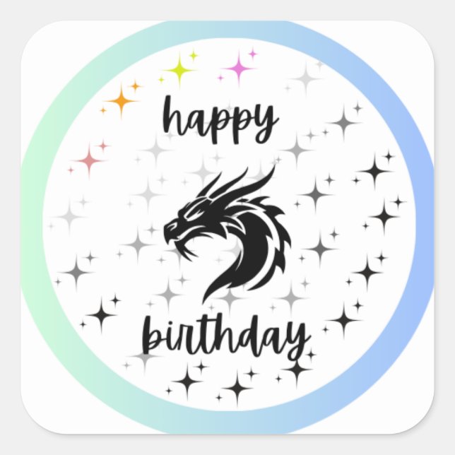 Sticker Carré mode simi dragon noir étoiles joyeux anniversaire (Devant)
