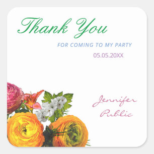 Sticker Carré Modèle de remerciement Fleurs aquarelles Roses Scr