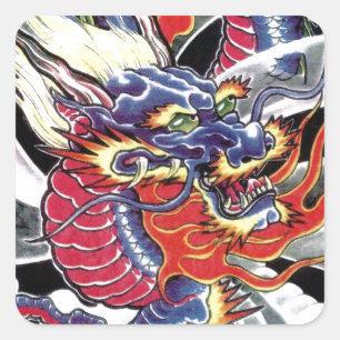 Sticker Carré Modèle de tatouage japonais Blue Dragon
