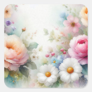Sticker Carré Modèle vierge fleurs aquarelle Ajoutez votre texte