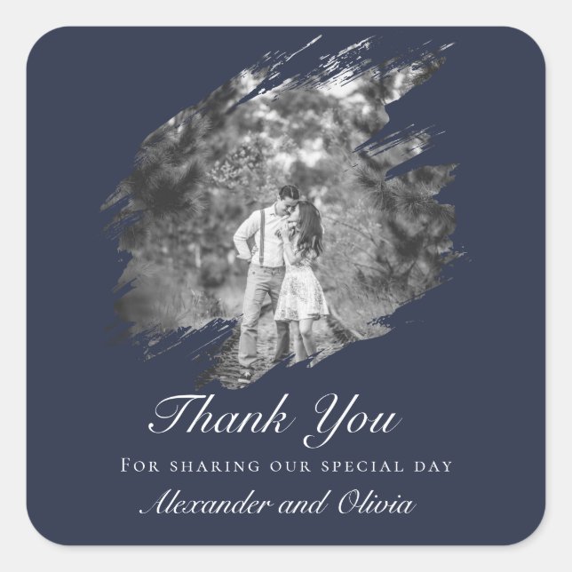 Sticker Carré Modern Brushstroke Photo Wedding Favor Navy Blue (Devant)