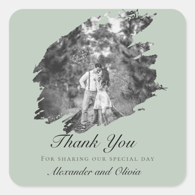 Sticker Carré Modern Brushstroke Photo Wedding Favor Sage Green (Devant)