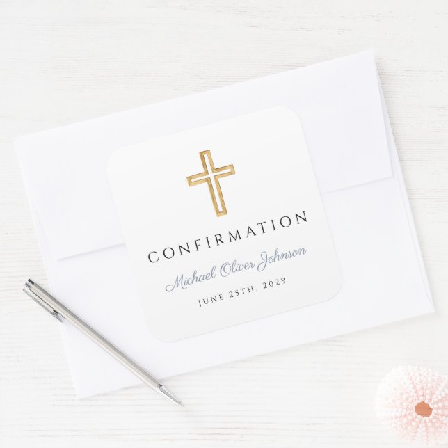 Sticker Carré Modern Dusty Blue Religious Cross Boy Confirmation (Enveloppe)