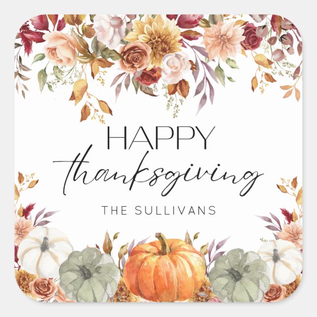 Sticker Carré Modern Floral Pumpkin Rustic Happy Thanksgiving  (Devant)