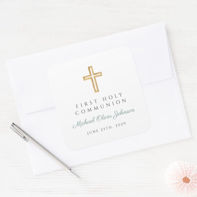 Sticker Carré Modern Green Religious Cross Boy First Communion (Enveloppe)