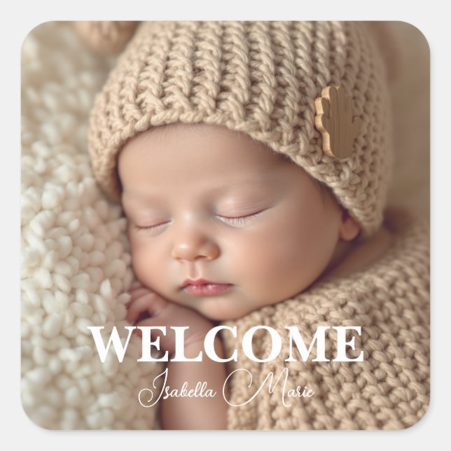 Sticker Carré  Modern Grey and White Photo Birth Announcement (Devant)