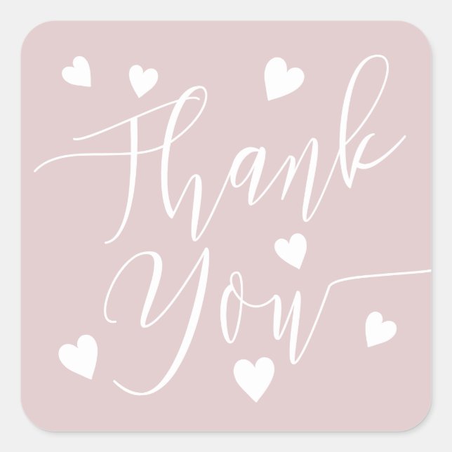 Sticker Carré Modern hearts thank you script order dusty pink (Devant)