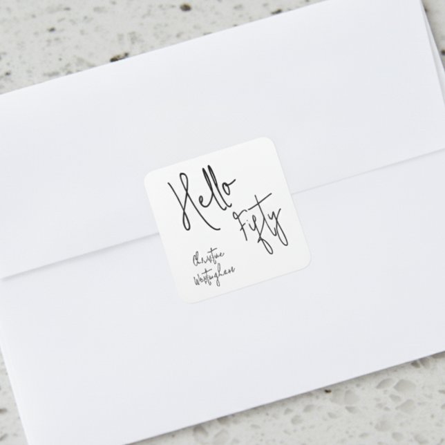 Sticker Carré Modern Hello Fifty Script 50th Birthday Party  (Créateur téléchargé)