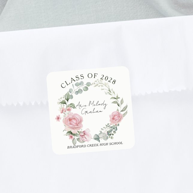 Sticker Carré Modern Pink Roses Script Class of Graduation (Créateur téléchargé)