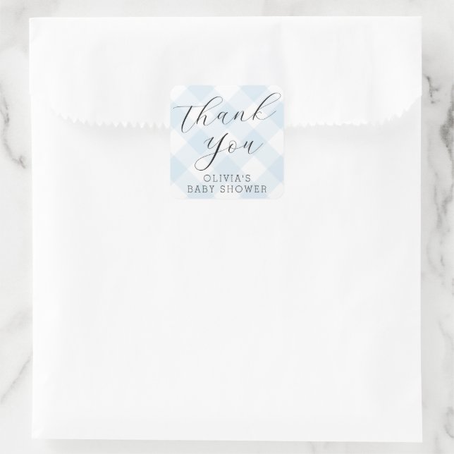 Sticker Carré Moderne + Baby shower bleu clair doux En vichy (Sac)