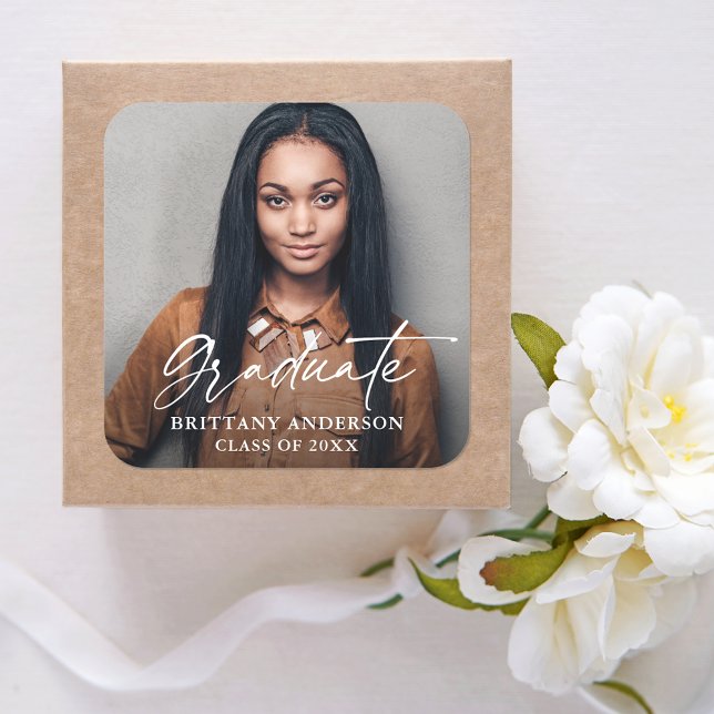 Sticker Carré Moderne Calligraphie Encre Script Photo Graduation (Customize to change your personalized text size or text style.)