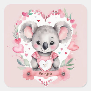 Sticker Carré Moderne Chic Aquarelle Koala Rose fête d'anniversa