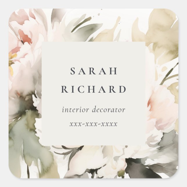 Sticker Carré Moderne Chic Blush Aquarelle Peony Floral Business (Devant)