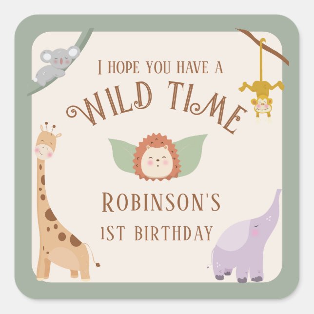 Sticker Carré Moderne Cute Wild One Safari Animaux 1er Anniversa (Devant)