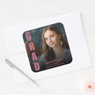 Sticker Carré Moderne Faux Rose Gold Bold Police Photo Graduatio