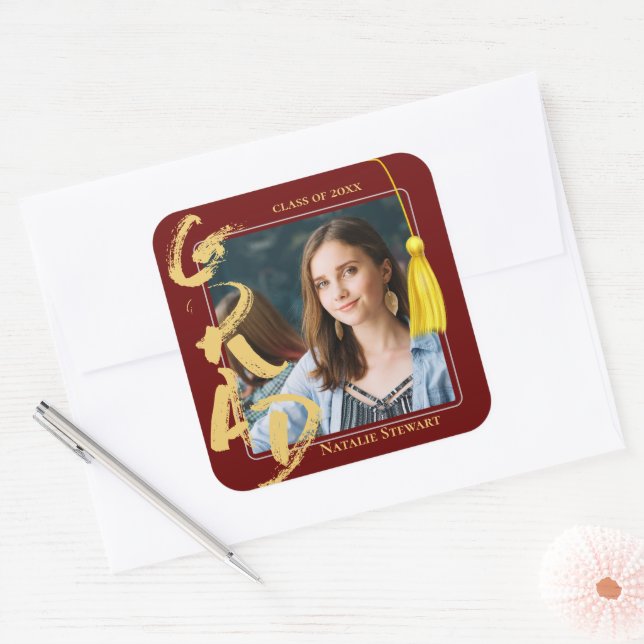 Sticker Carré Moderne Gras Police Photo Graduation Tassel Carré (Enveloppe)