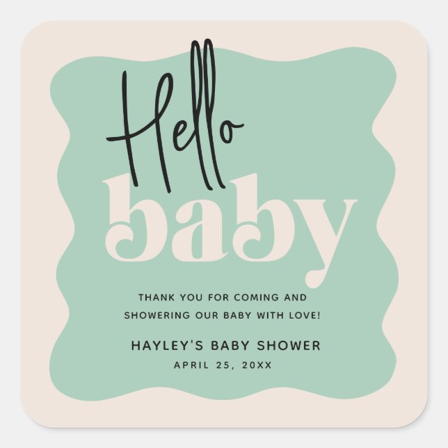 Sticker Carré Moderne Hello Baby Mint Green & Cream Baby shower (Devant)