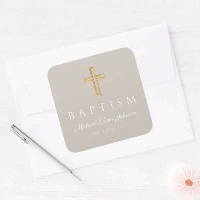 Sticker Carré Moderne Taupe Croix Religieuse Baptême (Enveloppe)