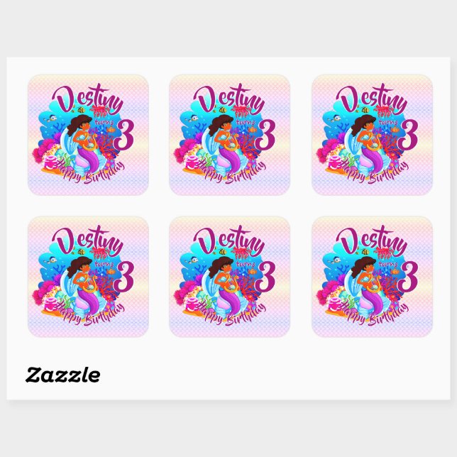 Sticker Carré Modifier le nom d'âge Mermaid Anniversaire Fête Pe (Feuille)