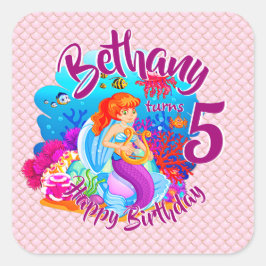 Sticker Carré Modifier le nom d'âge Mermaid Anniversaire Fête Pe