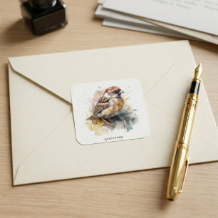 Sticker Carré Moineau Aquarelle Rustique, personnalisé
