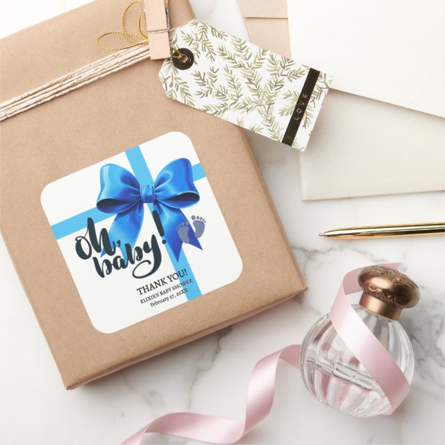 Sticker Carré Mon bébé ! Élégant Baby shower bleu boue (Cadeaux)