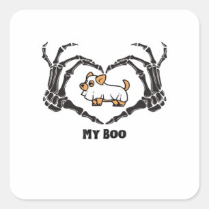 Sticker Carré Mon Costume Boo Chihuahua Avec Mains Coeurs Squele