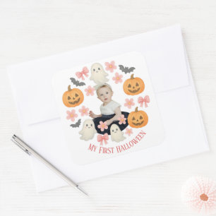 Sticker Carré Mon premier Halloween   Mignonne Citrouille et cou
