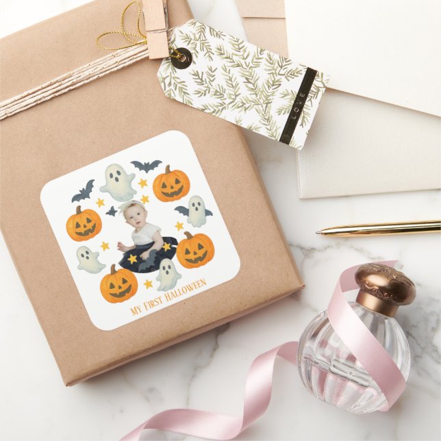 Sticker Carré Mon premier Halloween | Mignonne Citrouille et cou (Cadeaux)
