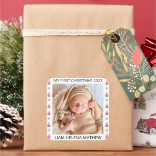 Sticker Carré Mon premier Noël Personnalisé Élégant Photo Bébé