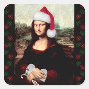 Sticker Carré Mona Lisa Chapeau de Père Noël Noël