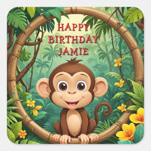 Sticker Carré "Monkey Cartoon Party - Custom Text Kids"