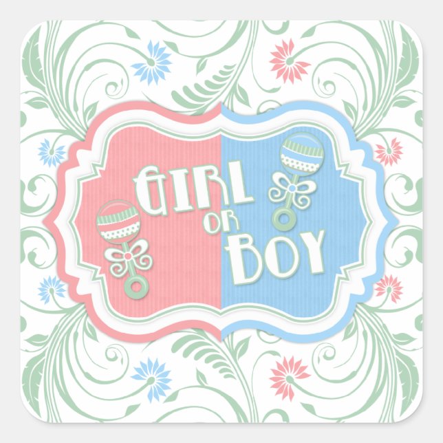 Sticker Carré Monnaie rose Bleu Floral Baby shower de révélation (Devant)