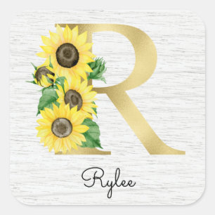 Sticker Carré Monogram Gold Sunflower Girly Floral Initial R