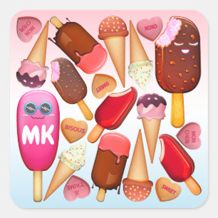 Sticker Carré Monogram Kawaii Crème de glace cône Popsicle Trait