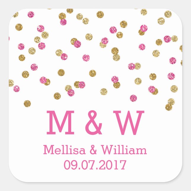 Sticker Carré Monogram Rose Gold Confetti Mariage Favor Tags (Devant)