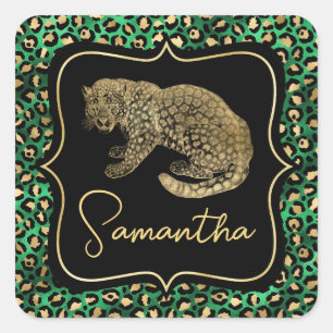 Sticker Carré Monogramme Animalier Or Imprimé Léopard Vert Luxe