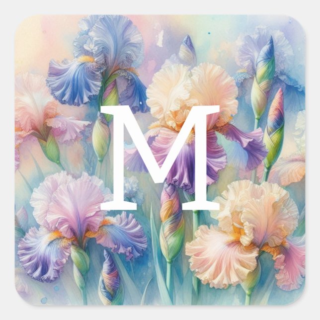 Sticker Carré Monogramme aquarelle florale fleurs d'iris violet (Devant)