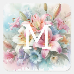 Sticker Carré Monogramme aquarelle florale lys roses fleurs