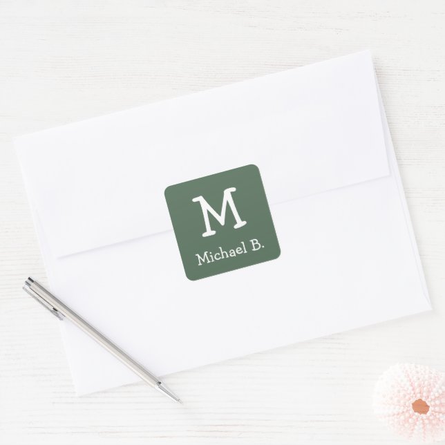 Sticker Carré Monogramme blanc et nom sur Carré arrondi vert (Enveloppe)