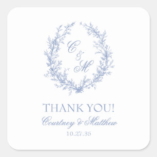 Sticker Carré Monogramme bleu Dusty Merci de couronne botanique