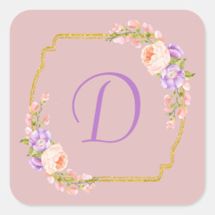 Sticker Carré Monogramme Cadre Gold initial avec Laurels à fleur