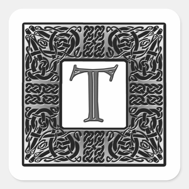Sticker Carré Monogramme Celtique "T" argenté (Devant)